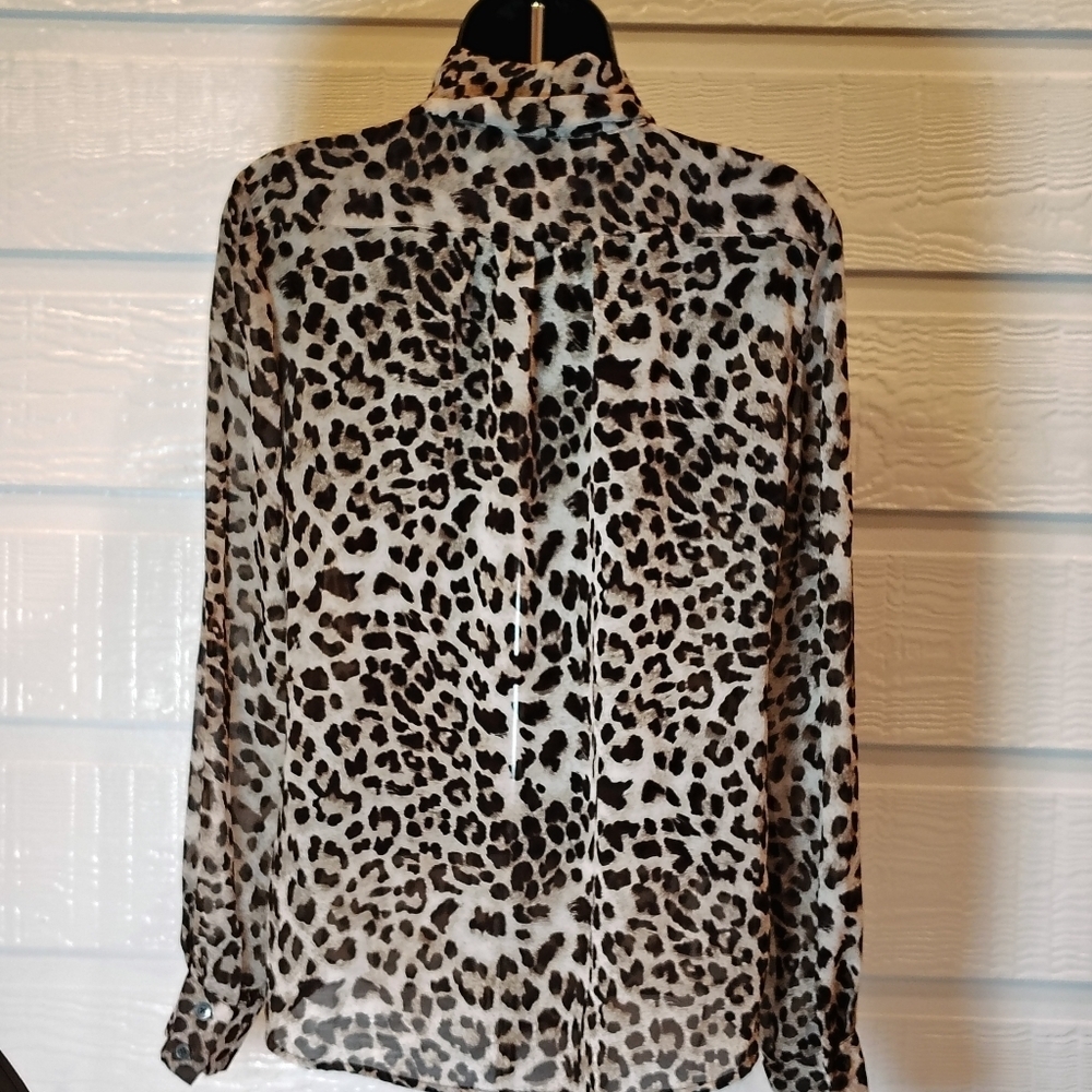 JOE FRESH BUTTON UP BLOUSE WOMENS SMALL CHEETAH LEOPARD SECRETARY NECK TIE RETRO - Picture 7 of 7